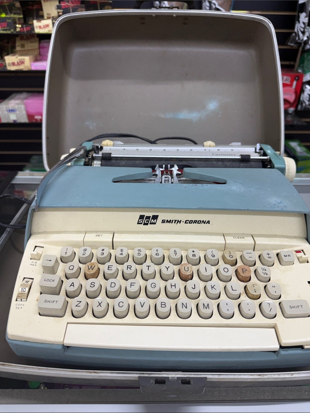 Sears Smith-Corona Portable Typewriter in Blue and Cream with original case work